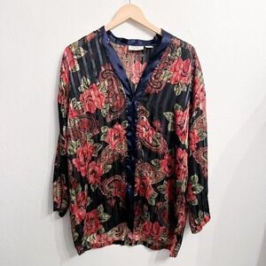 Vintage Victoria's Secret Gold Label Floral Button Shirt Pajamas Medium Blue